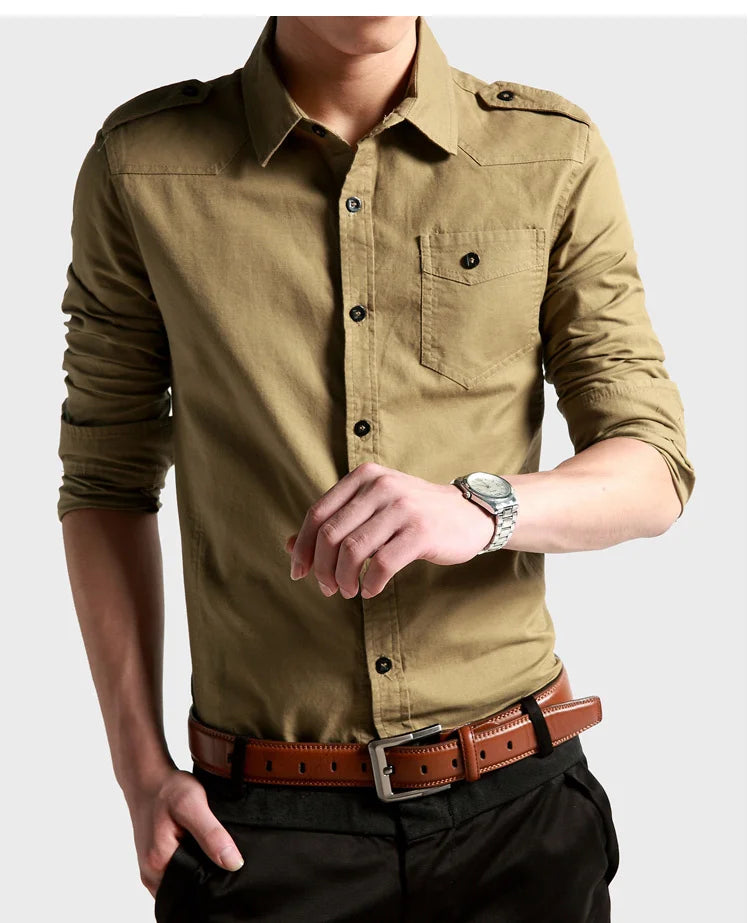 2023 Men Causal Dress Shirt Cotton,men's Army Long Sleeve Slim Shirts Military Khaki Shirts Green Fit Military Style Male Shirts