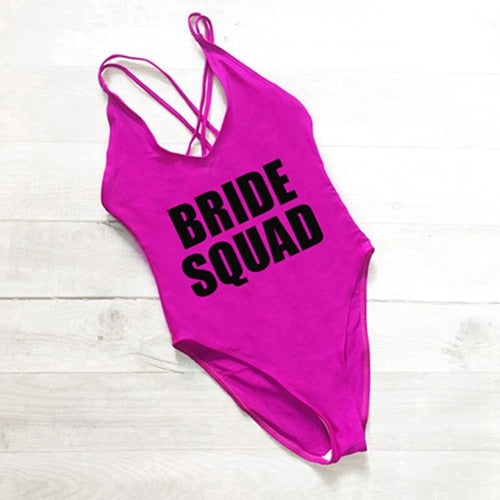 BRIDE SQUAD Women One Piece Swimsuit High Cut team bride swimwear Bathing Suit Black Monokini Bodysuit Beachwear Maillot De Bain