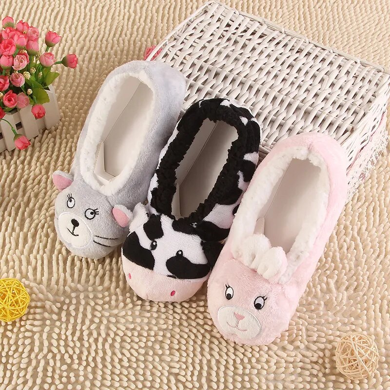 2019 New Warm Flats Soft Sole Women Indoor Floor Slippers/Shoes Animal Shape Gray Cows Pink Flannel Home Slippers Color