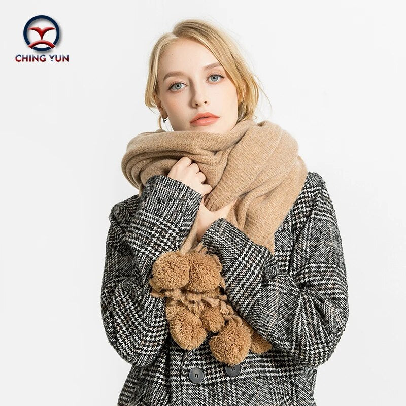 CHING YUN New winter pure cashmere fringed ball decorative scarf fashion woman warm scarf  lady shawls wholesale La bufanda