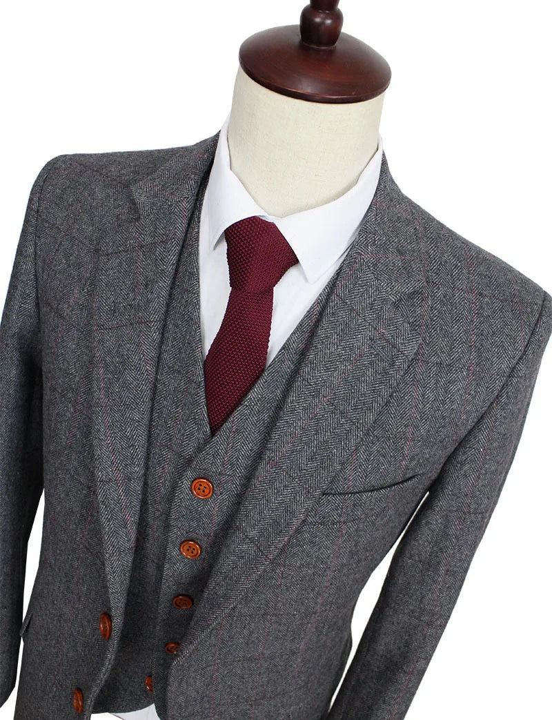 Wool Retro Grey Herringbone Tweed British style custom made Mens suit tailor slim fit Blazer wedding suits for men 3 piece