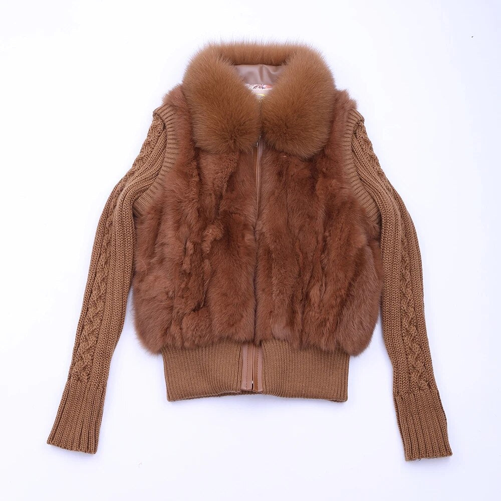 Women's Genuine Real Rabbit Fur Fox Fur Collar Knitting Sleeve Women's Winter Coat Fur Jacket Casual Short Outwear Slim