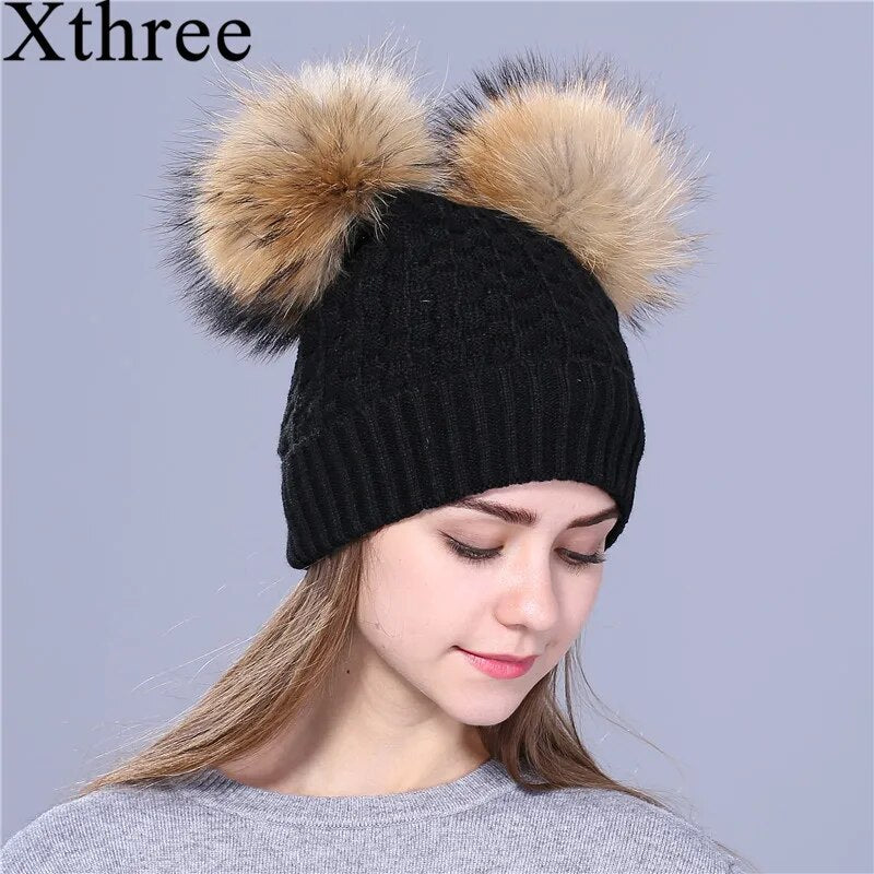 Xthree winter hat for women knitting beanies natural fur double pom poms Skullies girls hat feminino cap