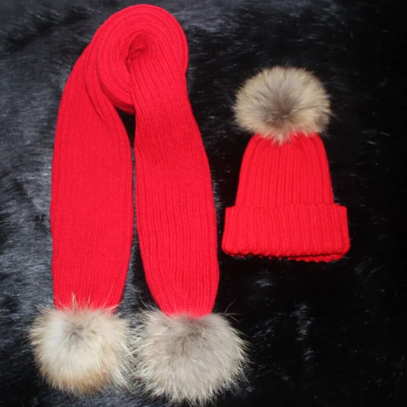 Female knitted 180cm long Scarf and Hat Set  Luxury Winter Warm Crochet Hats and scarves with Real fur pom Beanie Hat for Women