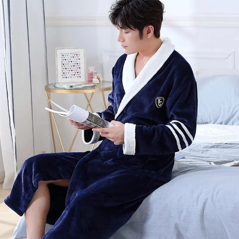 Men Casual Kimono Bathrobe Autumn Winter Flannel Long Robe Thick Warm Sleepwear Plus Size 3XL Nightgown Male Loose Home Wear