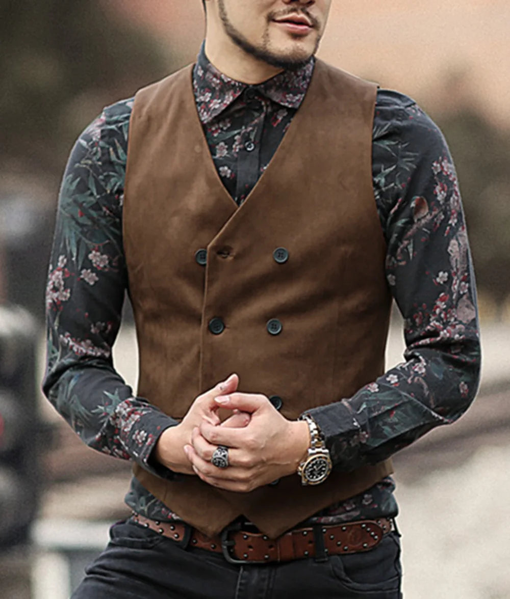 Mens Suit Vest V Neck Wool Brown Black Double-breasted Slim Fit Waistcoat Casual Formal Business Groomman For Wedding Vest