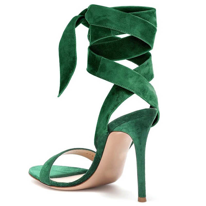 Open Toe High Heel Ankle Wrapped Green Sandals Womens  Brown Stiletto Heels Ladies Summer Heeled Party Evening Dress Shoes 2022