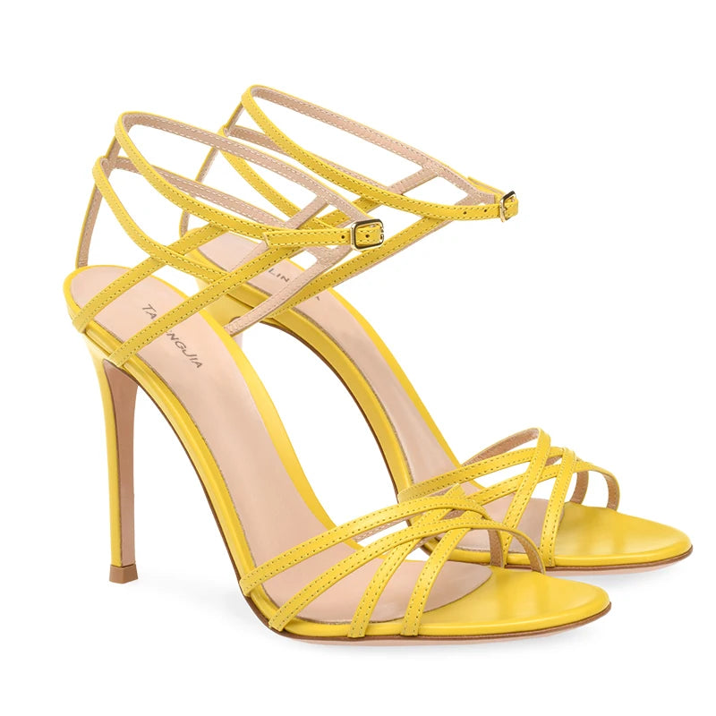 Chic Black High Heels for Woman Heeled Strappy Yellow Sandal Ladies Stiletto Heel Sandals Summer Party Evening Dress Shoes 2022