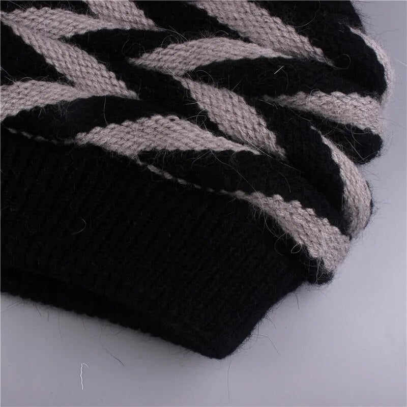 Xthree Double-deck Rabbit fur Knitted winter hat for women Real  Fur Pom pom Hat Female hat cap For girl Skullies Beanies