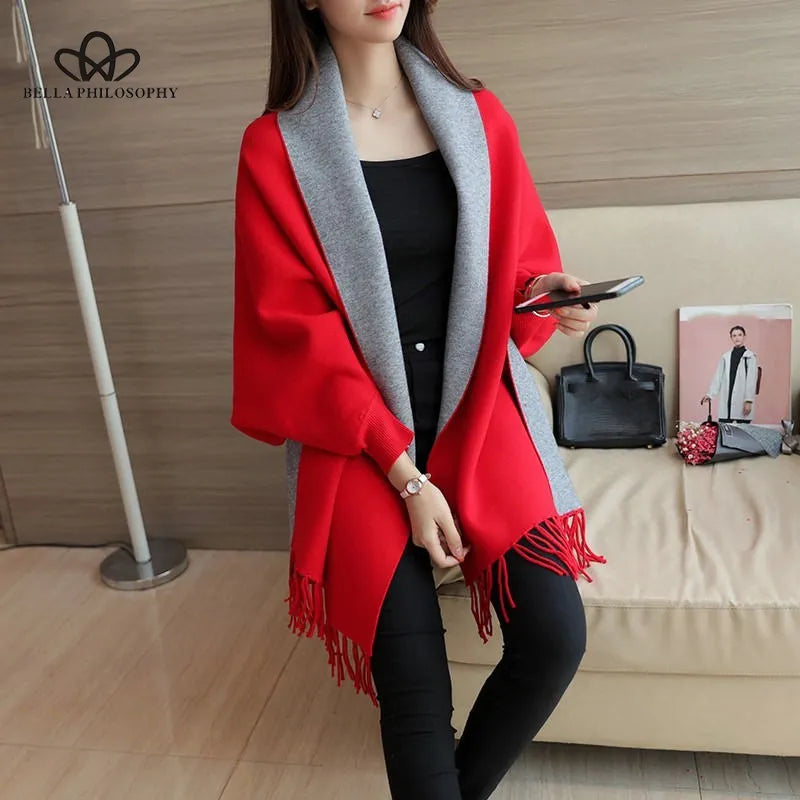 Women's Sweaters Cardigan Tassel Shawl Cape Jacket Long Sleeve Open Stitch Fashion Casual Loose Autumn Winter Coat