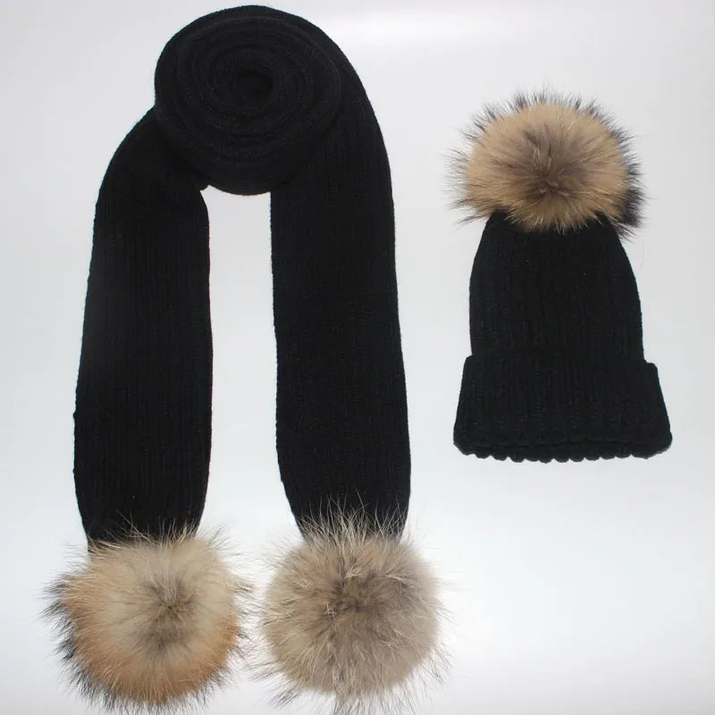 Female knitted 180cm long Scarf and Hat Set  Luxury Winter Warm Crochet Hats and scarves with Real fur pom Beanie Hat for Women