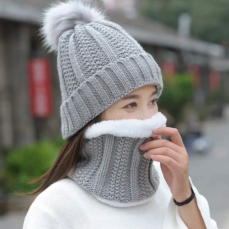 Autumn Winter Women's Hat Caps Knitted Wool Warm Scarf Thick Windproof Balaclava Multi Functional Hat Scarf Set For Women