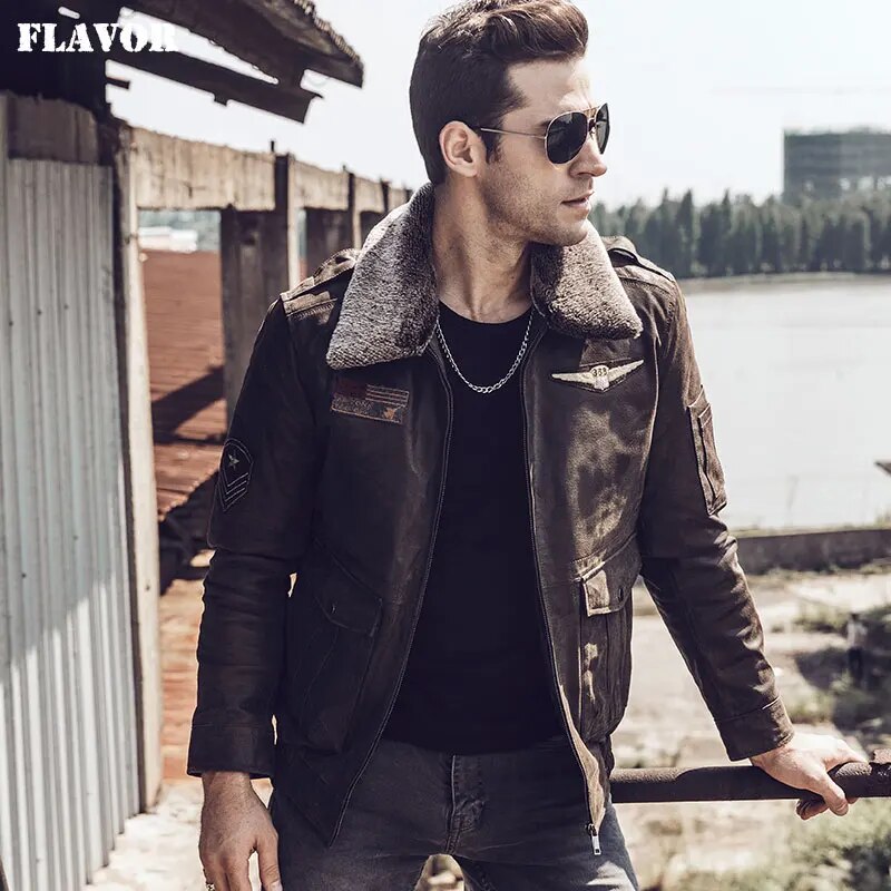 2017 Men's Retro Pilot Real Leather Jacket Motorcycle Male Winter Coat Pigskin Genuine Leather Aviator Jacket Bomber Jacket