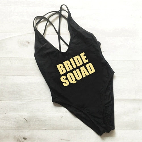 BRIDE SQUAD Women One Piece Swimsuit High Cut team bride swimwear Bathing Suit Black Monokini Bodysuit Beachwear Maillot De Bain