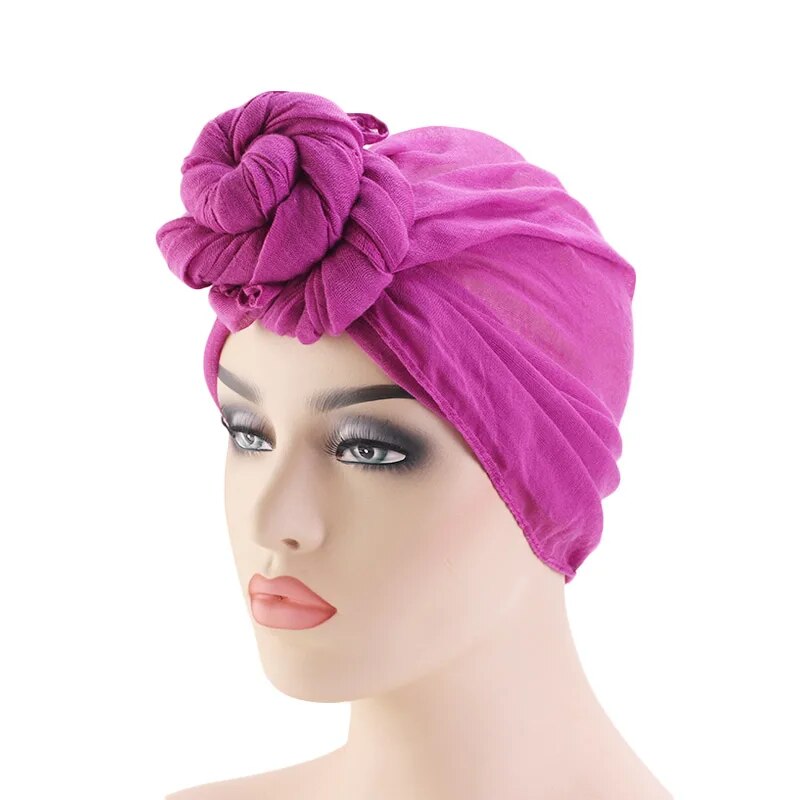 New Women Big Flower Turban Wedding Party Beanie Elegant Cap Head Wrap Long Stretch Jersey Hijab Musulman Scarf  African Turban