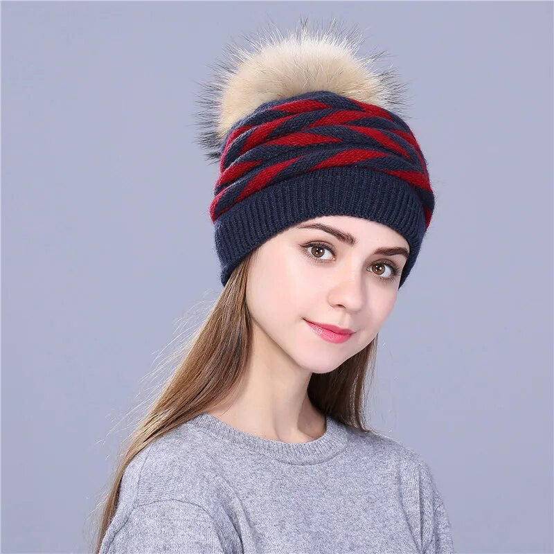 Xthree Double-deck Rabbit fur Knitted winter hat for women Real  Fur Pom pom Hat Female hat cap For girl Skullies Beanies