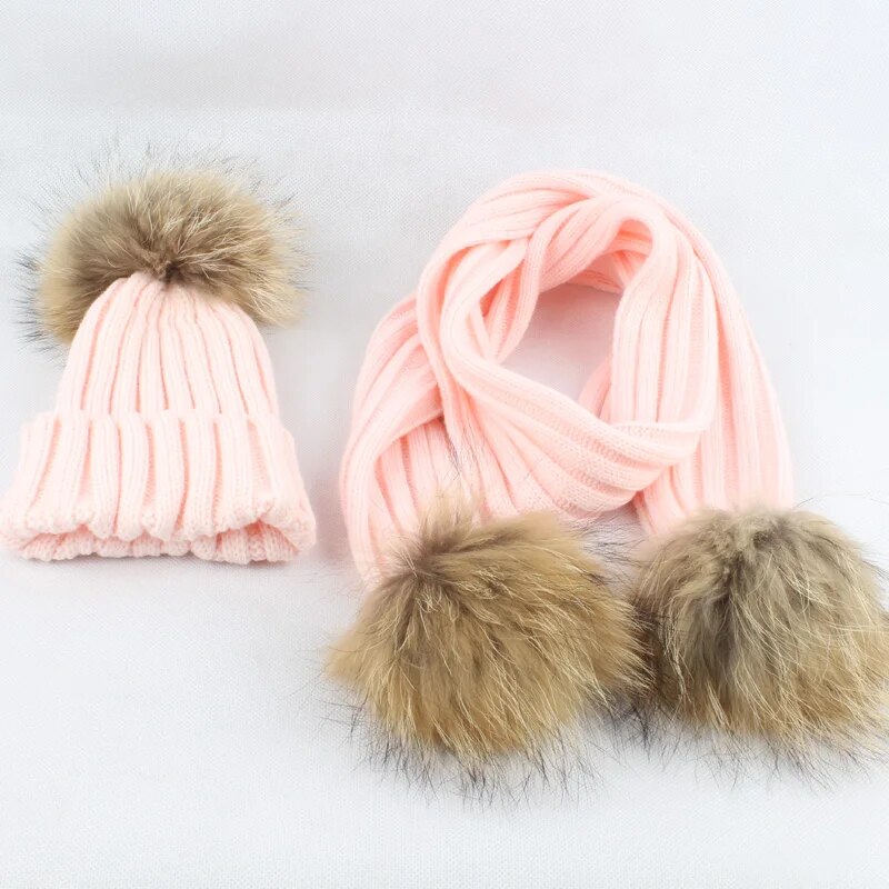 Kids Winter Hat Scarf Set Baby Warm Knitted Beanie Boys Girls Real Fur Pompom Hat For Children Winter Cap Skullies Beanies