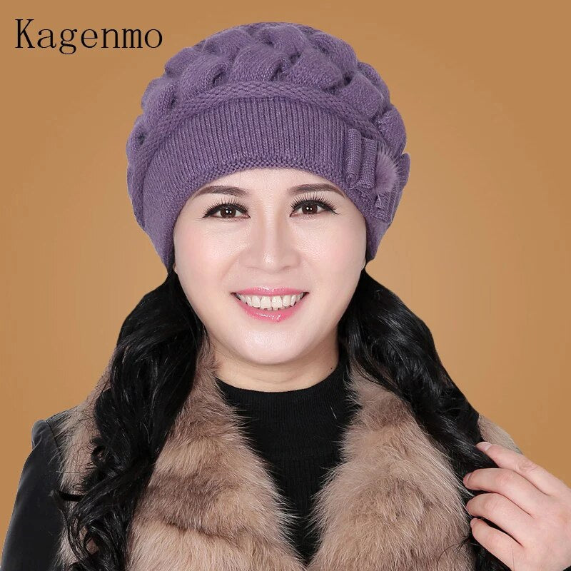 Kagenmo Rabbit Wool Knitted Yarn Hat The Elderly Hat Female Winter Hat Autumn & Winter Female Winter Warm Beret Thermal Fur Cap