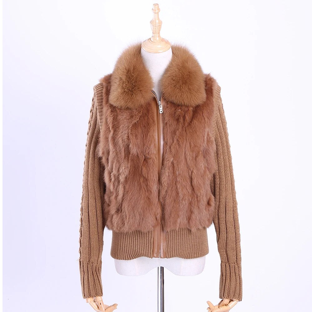 Women's Genuine Real Rabbit Fur Fox Fur Collar Knitting Sleeve Women's Winter Coat Fur Jacket Casual Short Outwear Slim