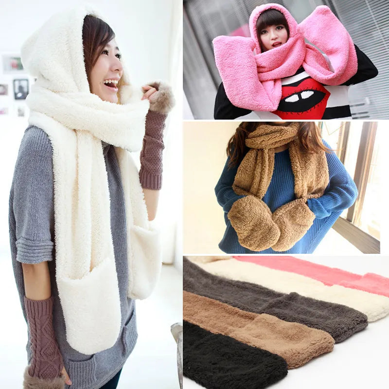 Winter Warm Women Hoodie Gloves Pocket Earflap Hat Long Scarf Shawl Snood Wraps Women Winter Gloves Hat Scarf