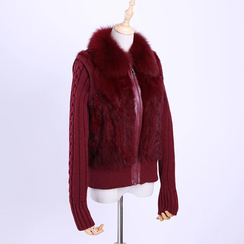 Women's Genuine Real Rabbit Fur Fox Fur Collar Knitting Sleeve Women's Winter Coat Fur Jacket Casual Short Outwear Slim