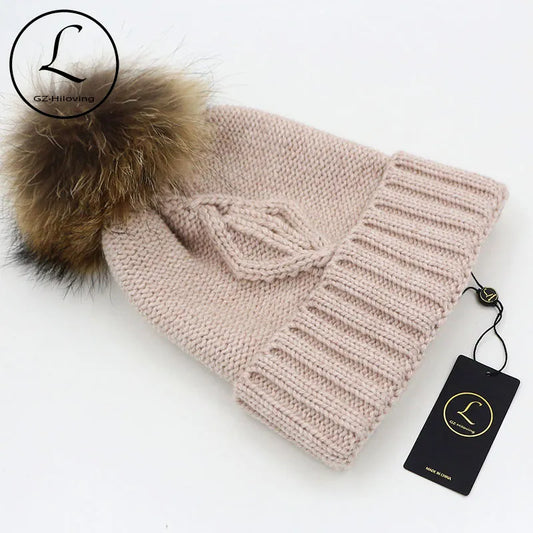 GZHILOVINGL Thick Beanies Cap For Women Striped Hats Genuine Fur Winter Hat Elasticity Unisex Gorros 16523A1