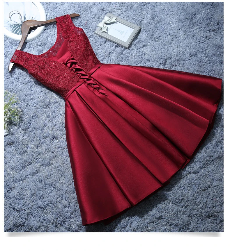 New Short Evening Dress Satin Lace Wine Red Grey A-line Bride Party Formal Dress Homecoming Graduation Dresses Robe De Soiree