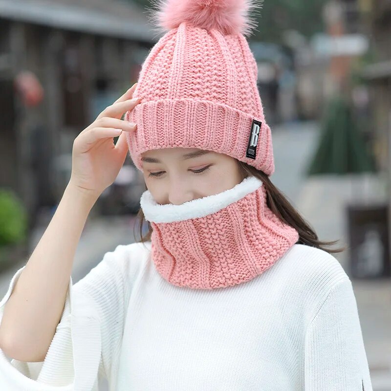 Autumn Winter Women's Hat Caps Knitted Wool Warm Scarf Thick Windproof Balaclava Multi Functional Hat Scarf Set For Women