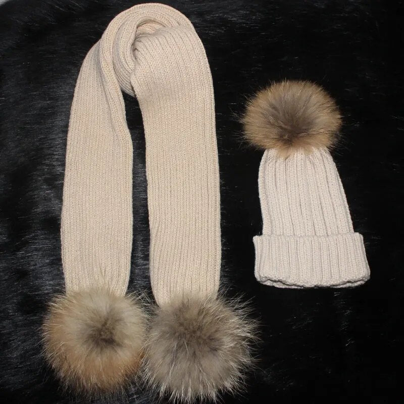 Female knitted 180cm long Scarf and Hat Set  Luxury Winter Warm Crochet Hats and scarves with Real fur pom Beanie Hat for Women