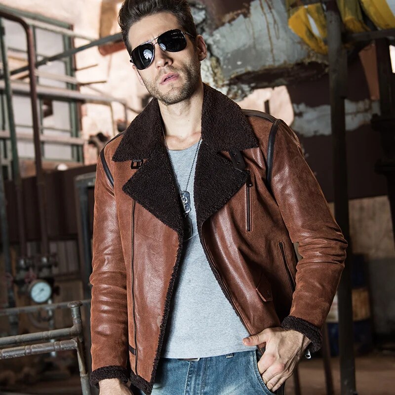 Men's Genuine Leather Pigskin Motorcycle Real Leather Jackets With Faux Fur Shearling Aviator Bomber Jacket Winter Coat Men