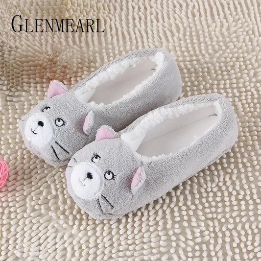 2019 New Warm Flats Soft Sole Women Indoor Floor Slippers/Shoes Animal Shape Gray Cows Pink Flannel Home Slippers Color