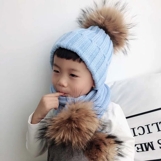 Kids Winter Hat Scarf Set Baby Warm Knitted Beanie Boys Girls Real Fur Pompom Hat For Children Winter Cap Skullies Beanies