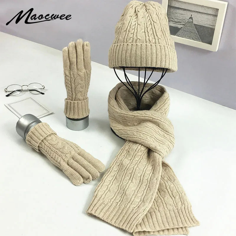 Knitted Winter Hats for Women's Hat Scarf Glove Set 3 Piece Sets Fashion Twist stripes Cap Gorros Bonnet Wool Beanie Skullies