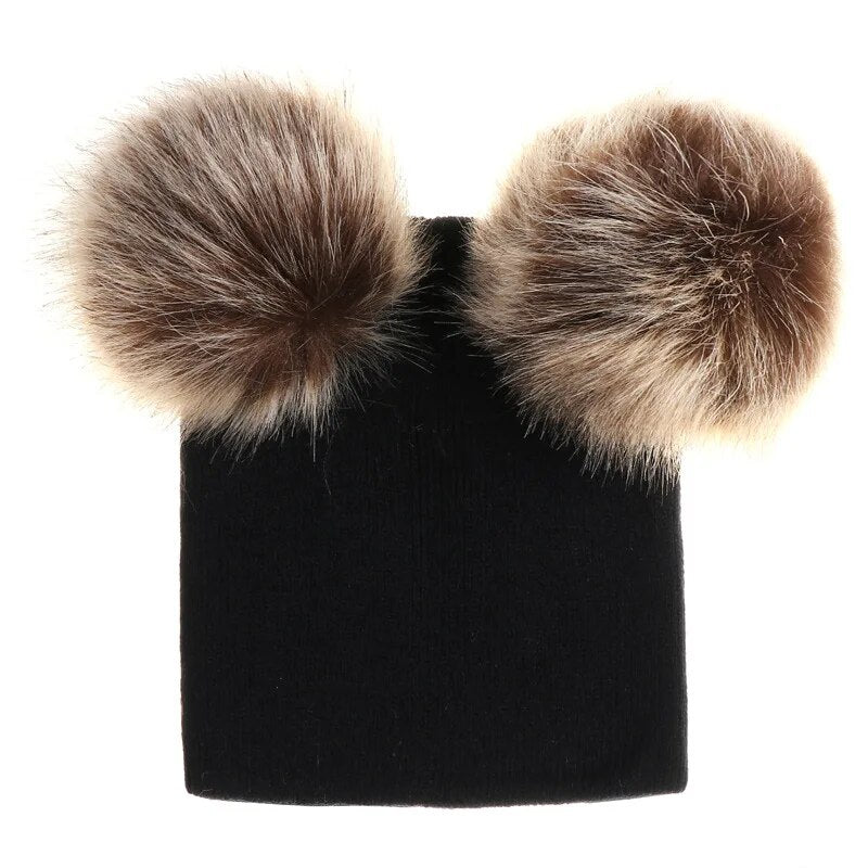 Cute Baby Kids Winter Hat Knitted Warm Double Fur Pompom Caps Beanies Boys Girls Pom Pom hats Children Solid Cap Bonnet Gorro