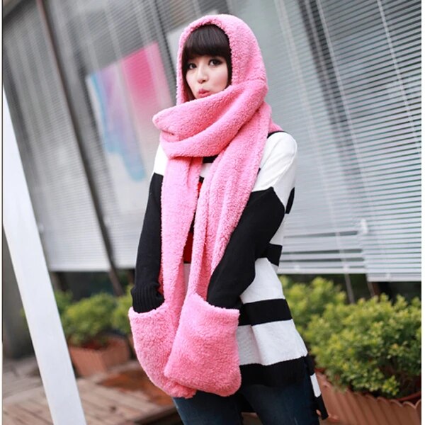 Winter Warm Women Hoodie Gloves Pocket Earflap Hat Long Scarf Shawl Snood Wraps Women Winter Gloves Hat Scarf