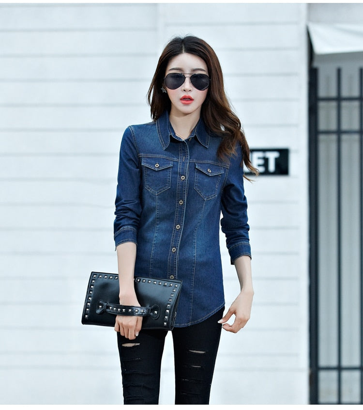 Jeans Shirt women 2019 Long Sleeve Slim Casual Vintage Elastic Ladies Denim Shirts Tops Blusas Feminina Woman Blouses and Tops