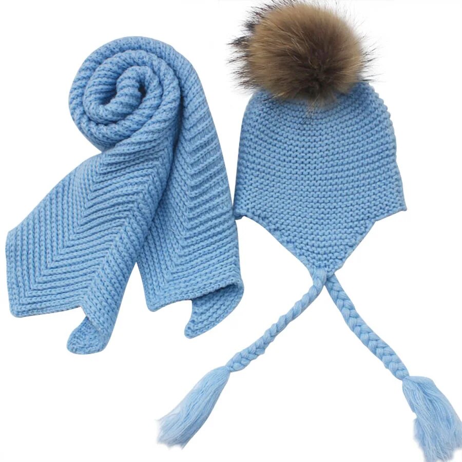 Kids knitted Scarf Hat Set Luxury Winter Warm Crochet Hats and scarves with Real Fur Pom Beanie Hat Scarf for boys and girls