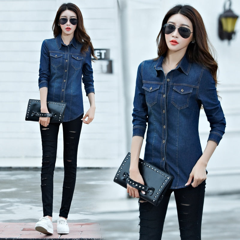 Jeans Shirt women 2019 Long Sleeve Slim Casual Vintage Elastic Ladies Denim Shirts Tops Blusas Feminina Woman Blouses and Tops