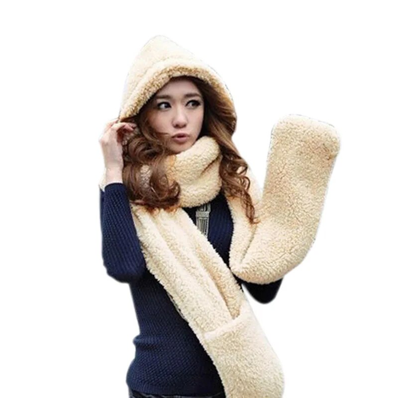 Winter Warm Women Hoodie Gloves Pocket Earflap Hat Long Scarf Shawl Snood Wraps Women Winter Gloves Hat Scarf