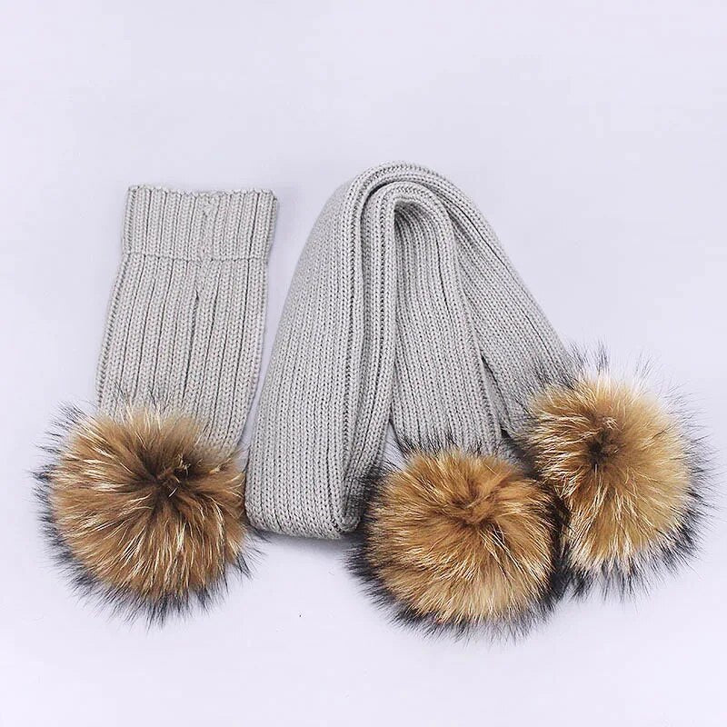 Parent-Child Caps Cute Infant Baby Pompon Winter Hat Scarf Sets Real Natural Fur Ball Caps Mother Kids Warm Knitted Hats Beanies