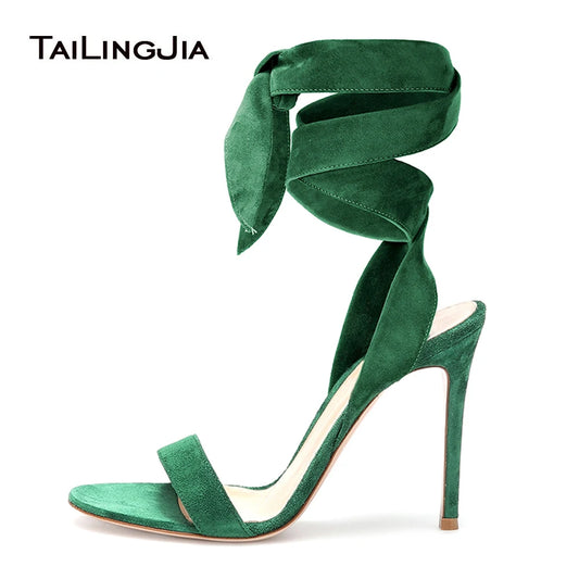 Open Toe High Heel Ankle Wrapped Green Sandals Womens  Brown Stiletto Heels Ladies Summer Heeled Party Evening Dress Shoes 2022