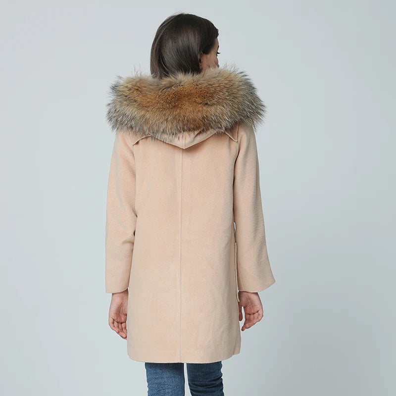 autumn winter coat women 2022 new Horn Button Wool Woolen Thicken coat with natural real big raccoon fur Hooded casaco feminino