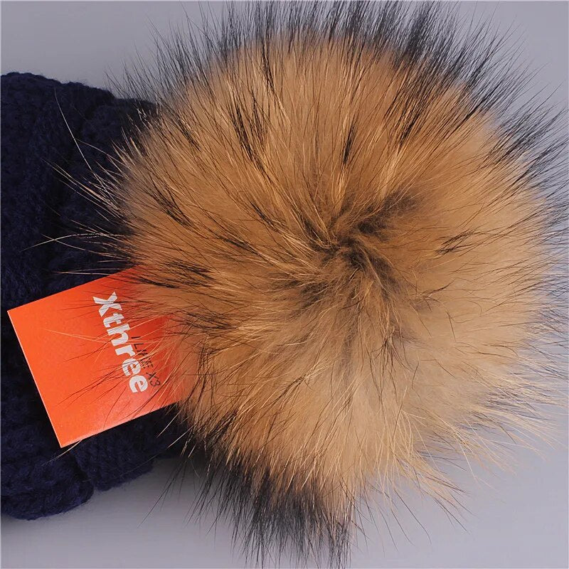 Xthree real fox fur pom poms ball Keep warm winter hat for women girl 's wool hat knitted beanies cap thick female cap