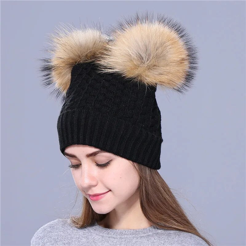 Xthree winter hat for women knitting beanies natural fur double pom poms Skullies girls hat feminino cap