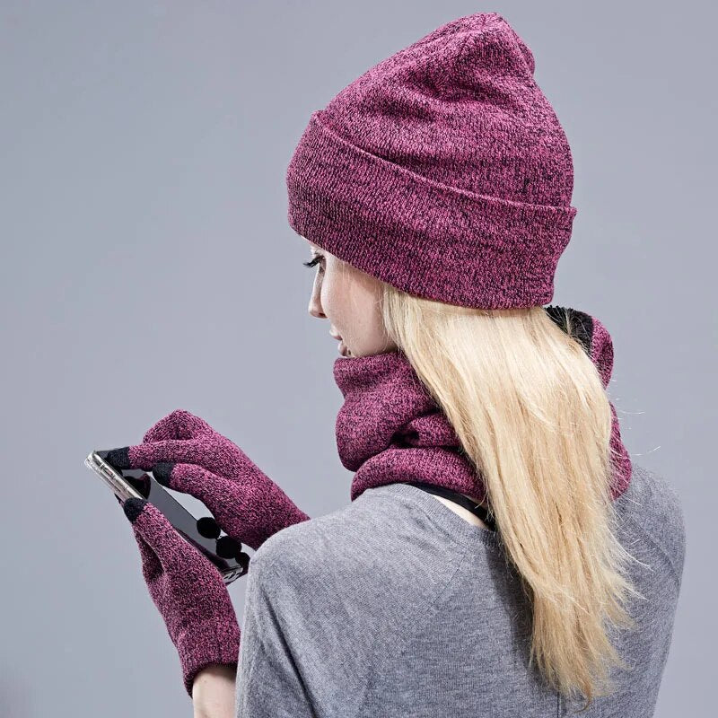 New Knitted Winter Hat Scarf Gloves Set Women Thick Touch Screen Glove Beanies Ring Scarf Female For Girls Gift