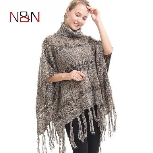 New Turtleneck Knitted Scarf Women Poncho And Capes Striped Pullovers Ladies Cardigan Long Sleeve  Casual  Sweaters