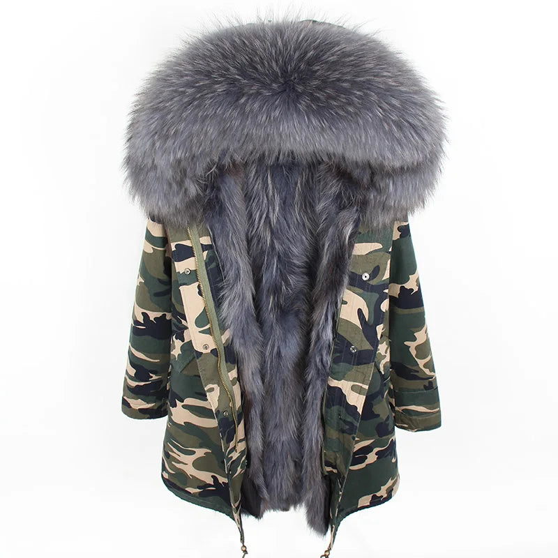 MAOMAOKONG Natural Raccoon Fur Collar Winter Coat Remove Liner Slim Jacket Fur Coat Woman Parkas Female Clothes