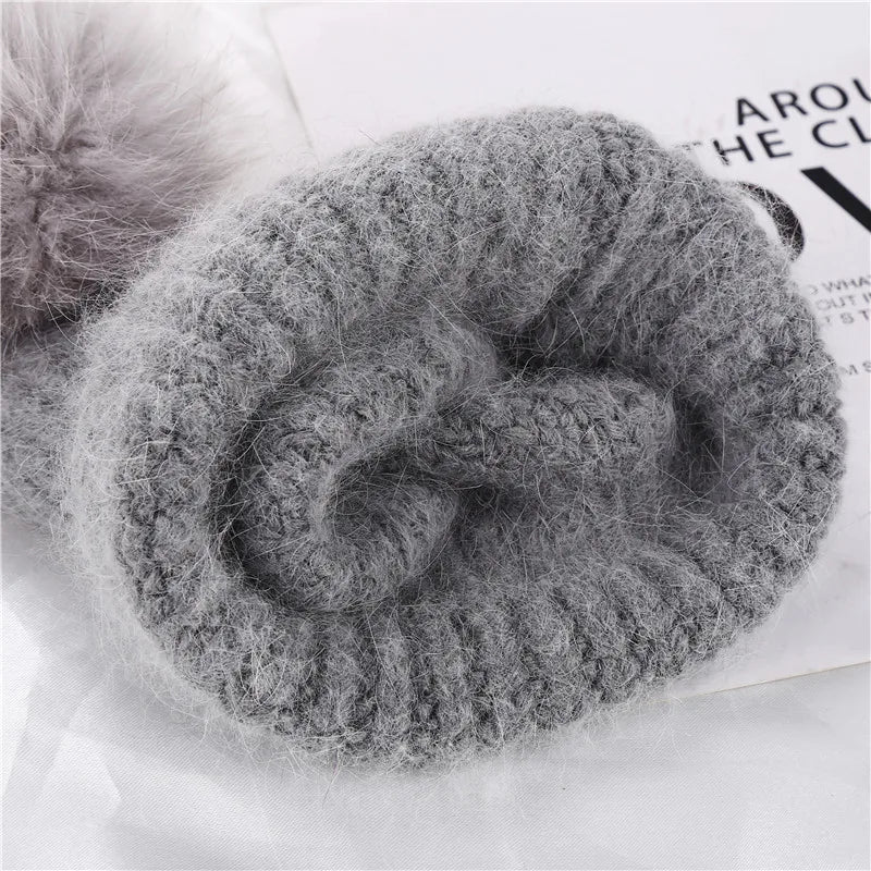 Xthree 70% Angola Rabbit Fur Knitted Hat with Real Fur Pom Pom Hat Skullie Beanie Winter Hat for Women  Girl 's Hat Female Cap