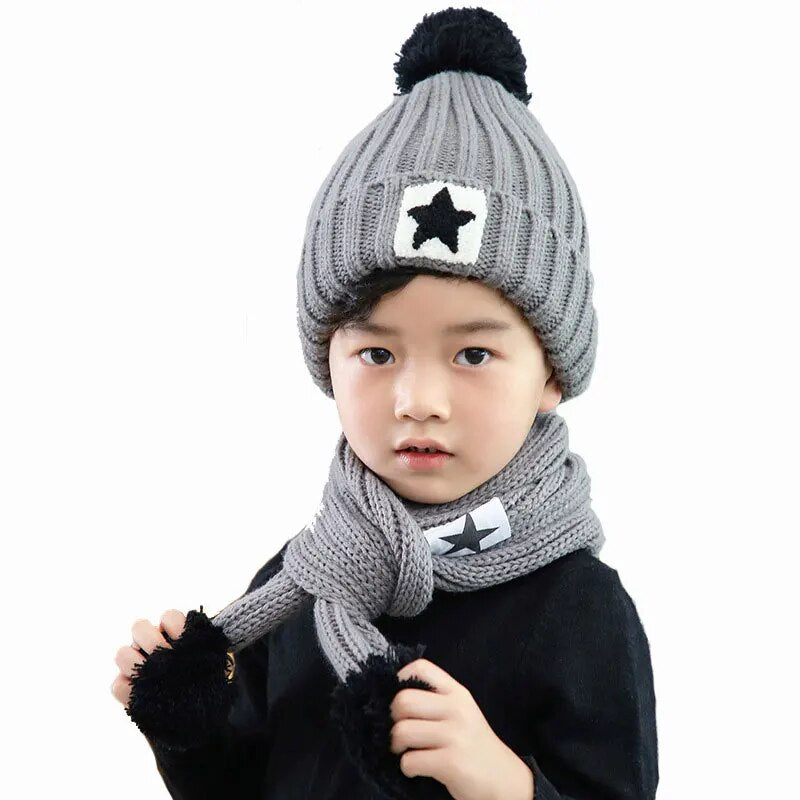 Winter Hat And Scarf Set For Children Girls Kids Cap Scarves Boys Star Design Knitted Pom Pom Beanie Velvet Cap Warm 2 Pcs Suit