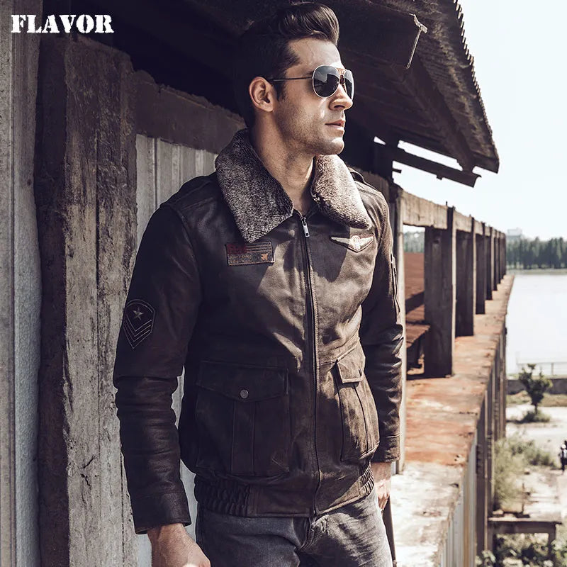 2017 Men's Retro Pilot Real Leather Jacket Motorcycle Male Winter Coat Pigskin Genuine Leather Aviator Jacket Bomber Jacket